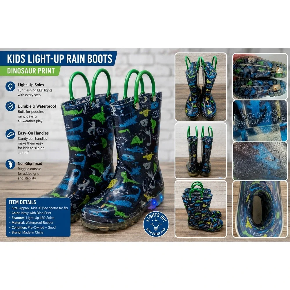 Kids Dinosaur Print Rubber Rain Boots Blue Green Waterproof Pull On Size 7